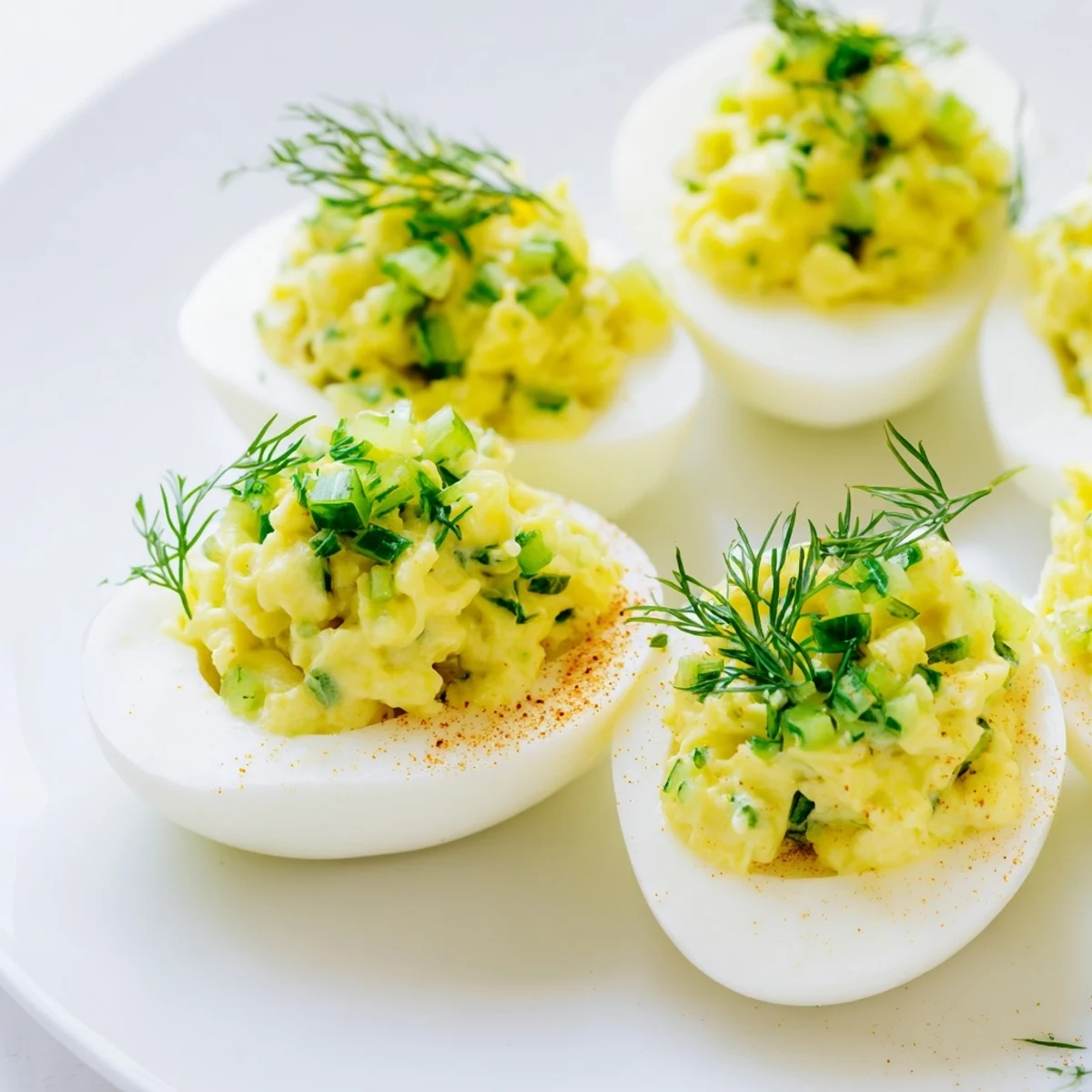 Classic deviled eggs with bright green dill sprinkles and chopped pickle pieces filling