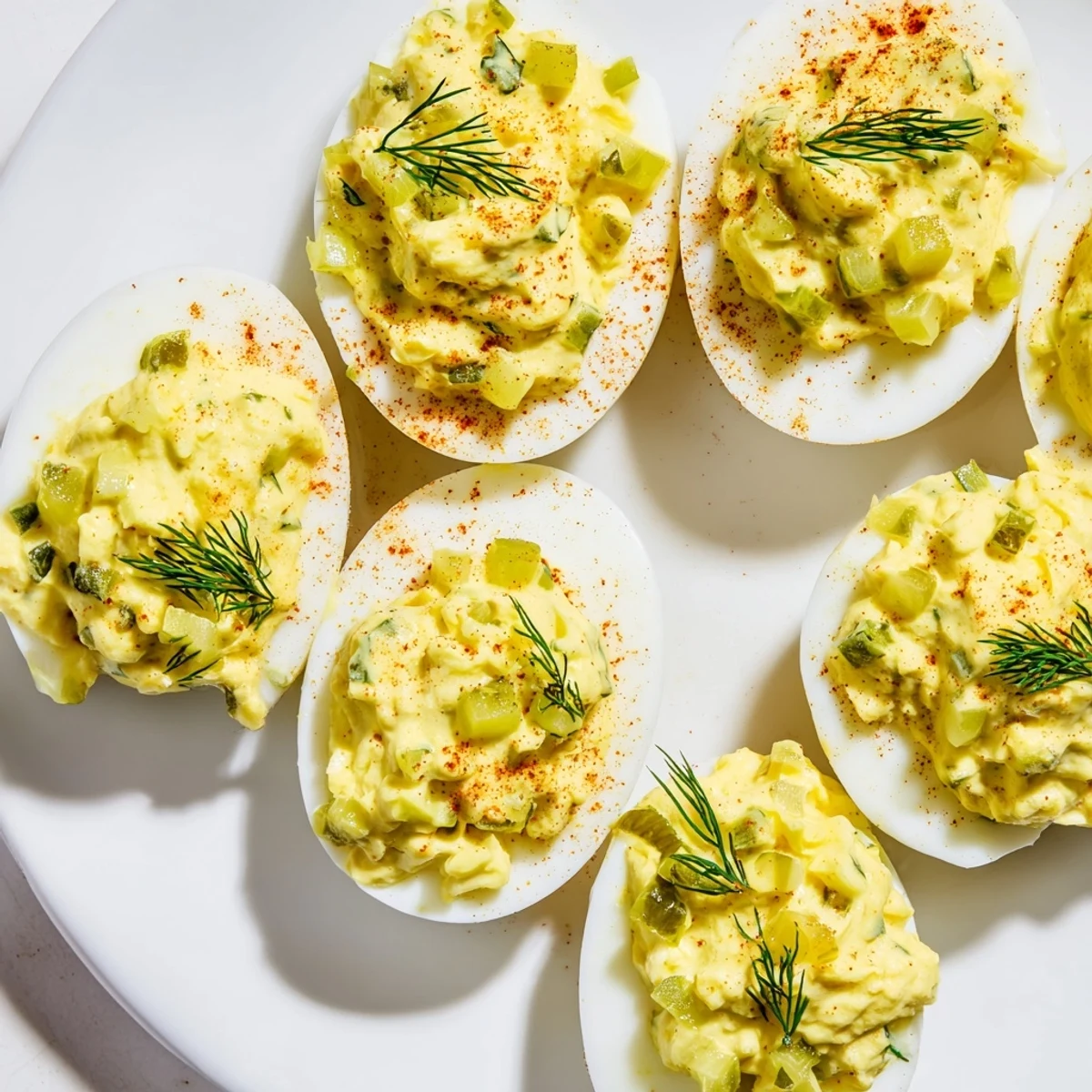 Golden deviled egg halves filled with tangy pickle mixture on white serving platter
