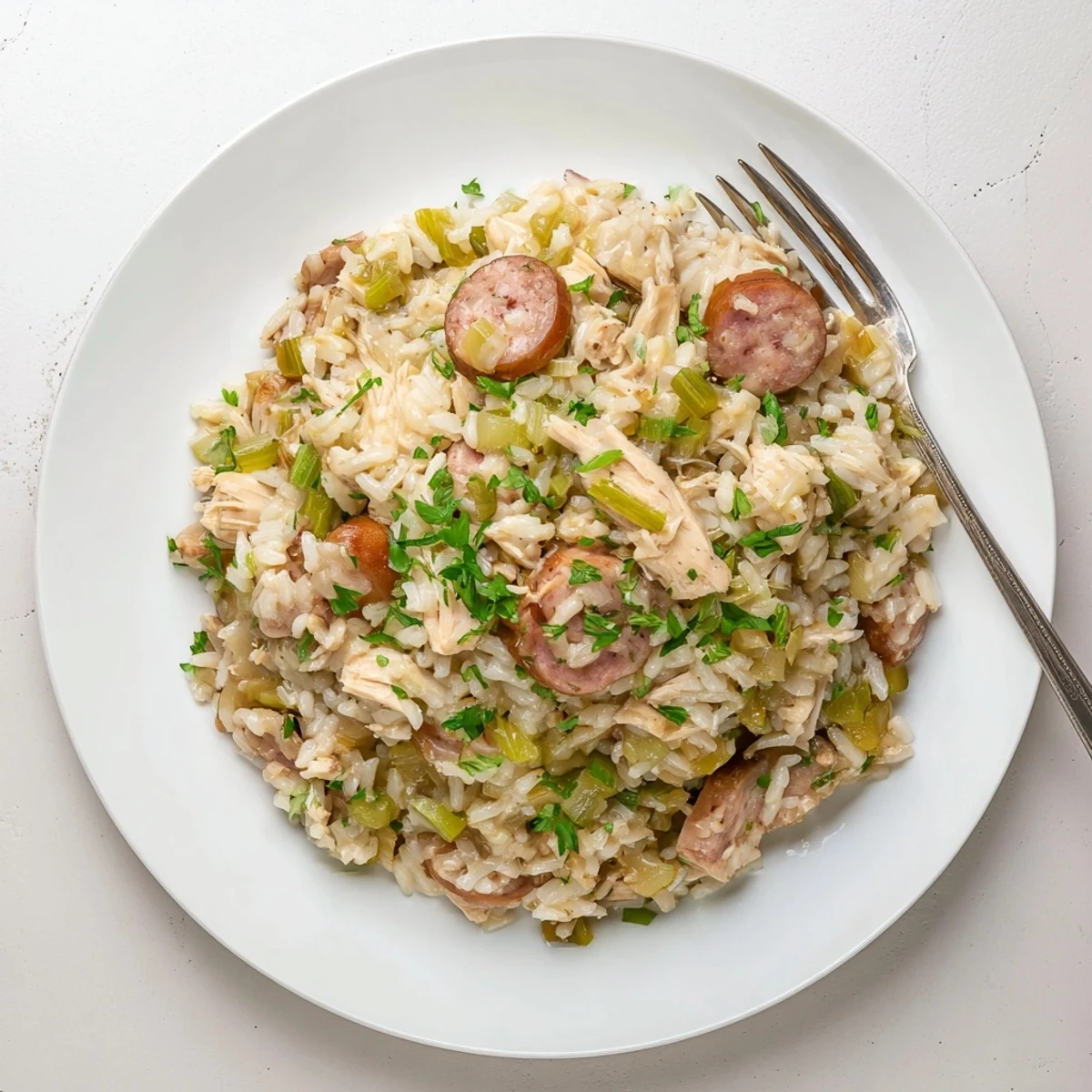 Steamy pot of Southern Chicken Bog with tender chicken, smoked sausage, and fluffy rice garnished with fresh parsley