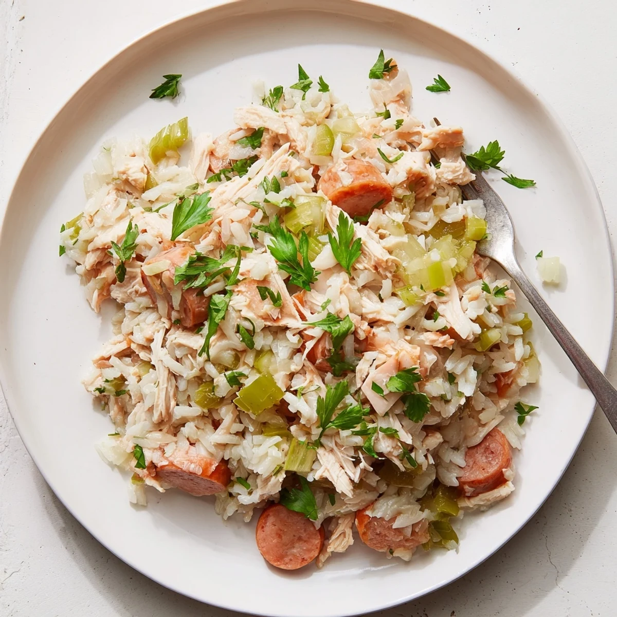 Hearty one-pot Southern Chicken Bog featuring shredded chicken, sliced sausage, and long-grain rice in a rich chicken broth
