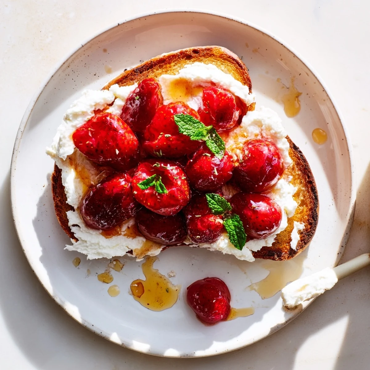 Roasted strawberry whipped ricotta toast drizzled with honey and garnished with fresh mint