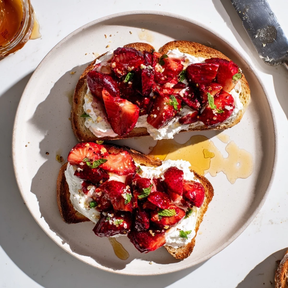 Golden sourdough toast piled high with creamy whipped ricotta topped with roasted strawberries