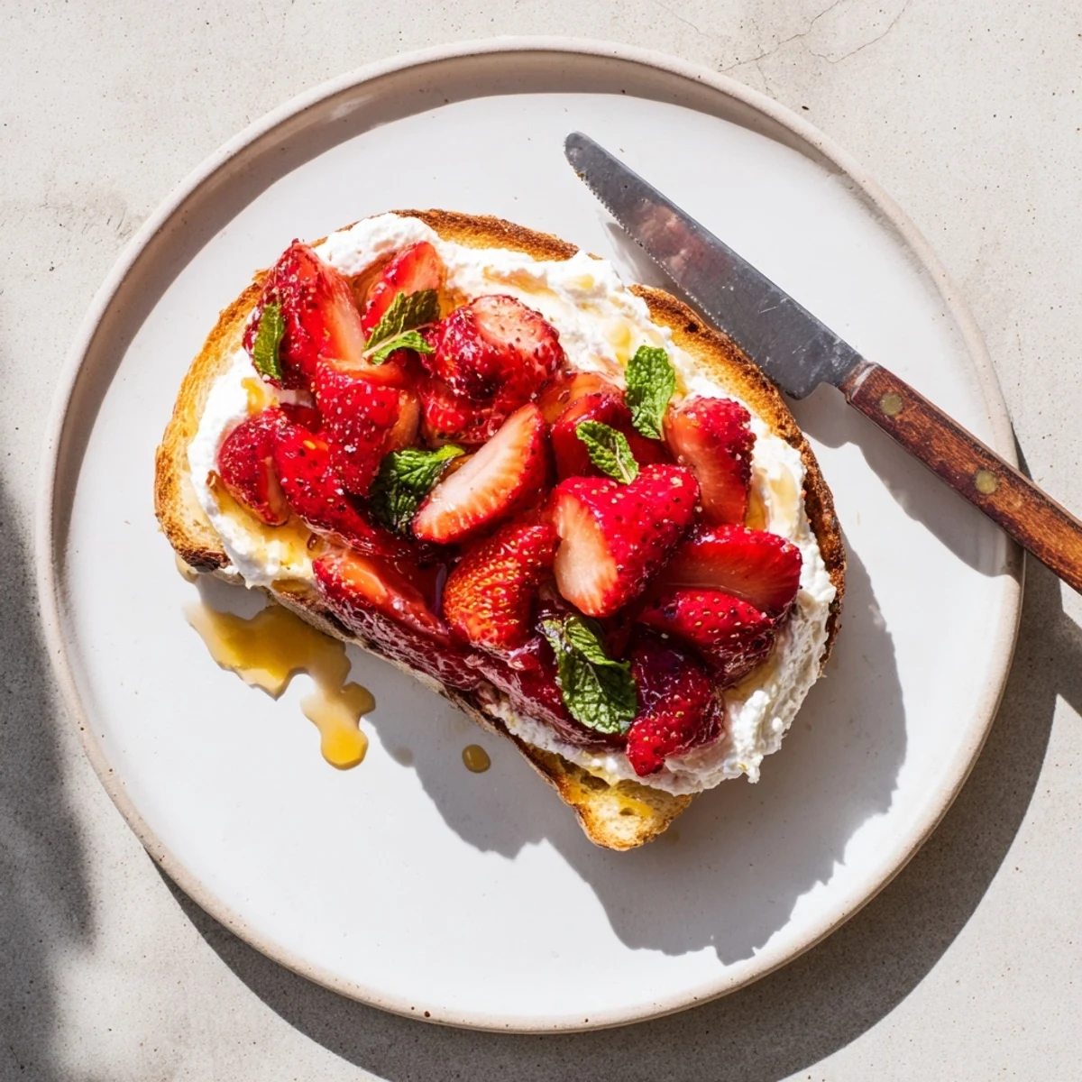 Breakfast toast featuring fluffy ricotta spread and sweet balsamic roasted strawberries on bread