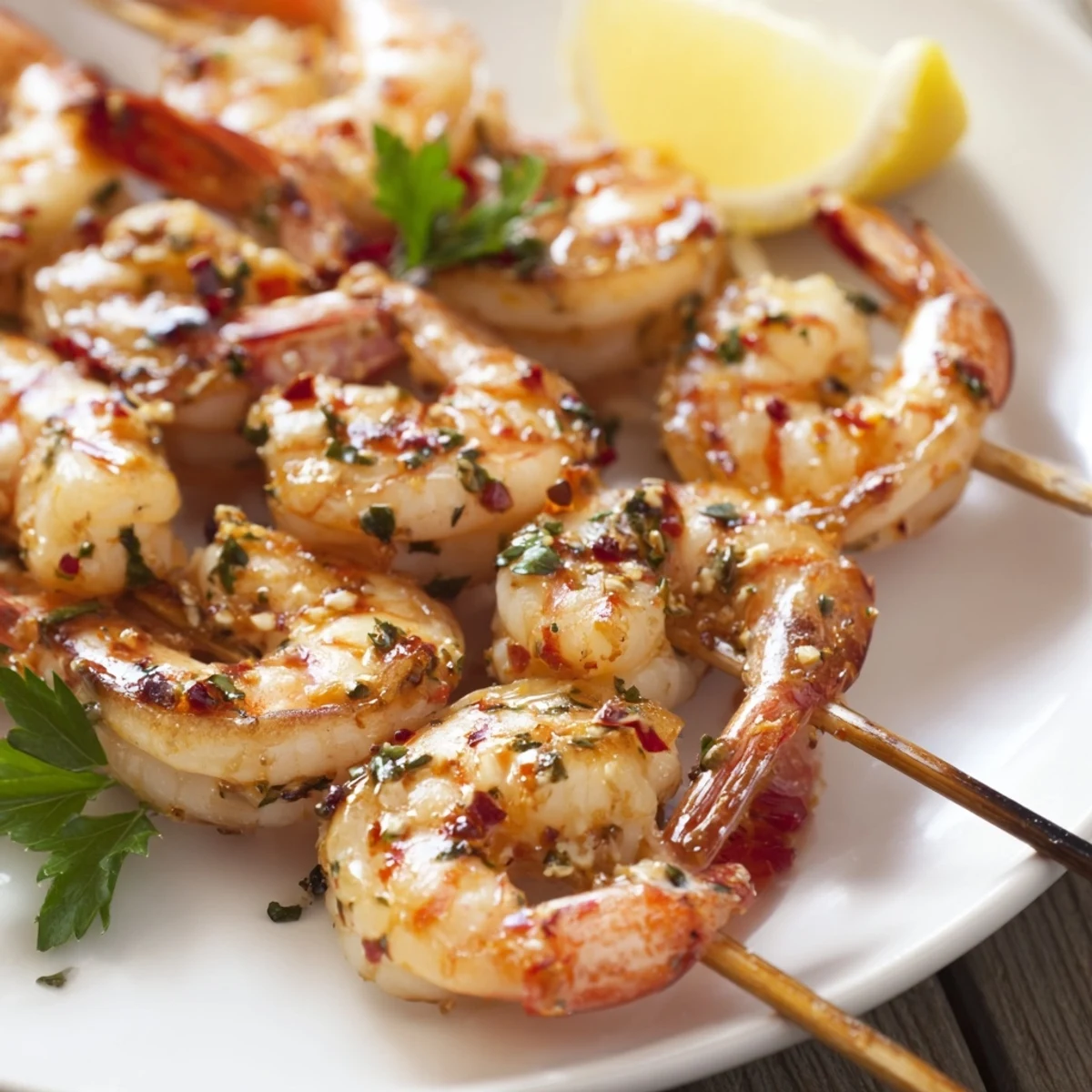 Skewers of Marinated Grilled Shrimp sizzling, bright lemon wedges and parsley.
