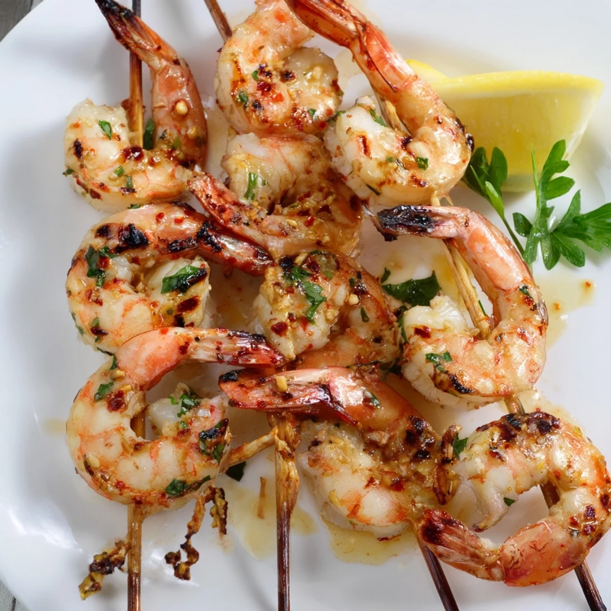Marinated Grilled Shrimp plated with citrus glaze and charred grill marks.