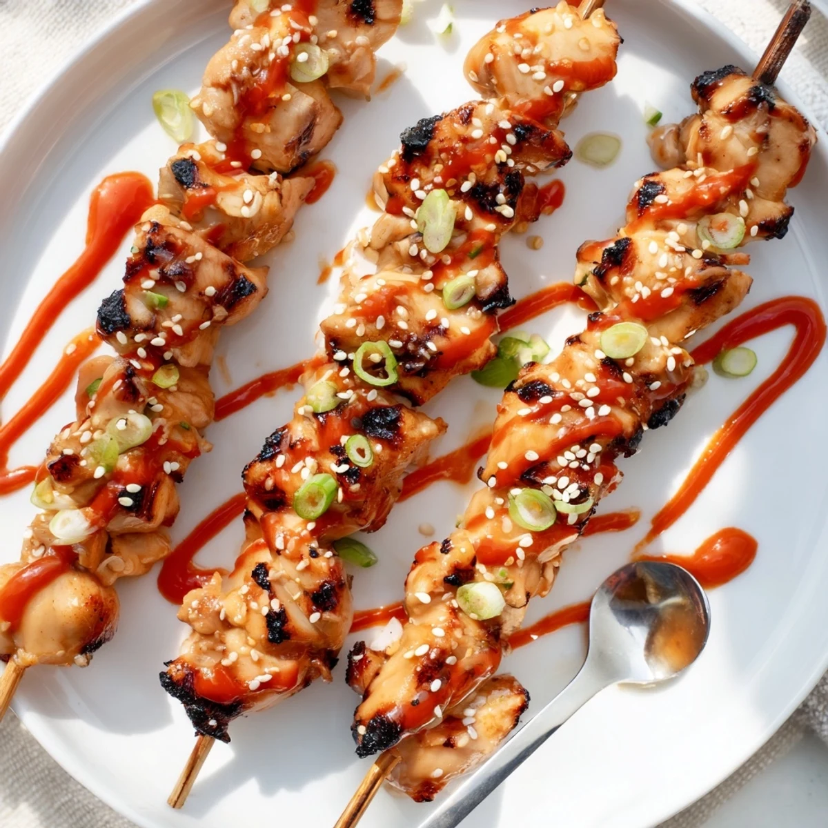Grilled Bang Bang Chicken Skewers on platter, scallions and extra sauce