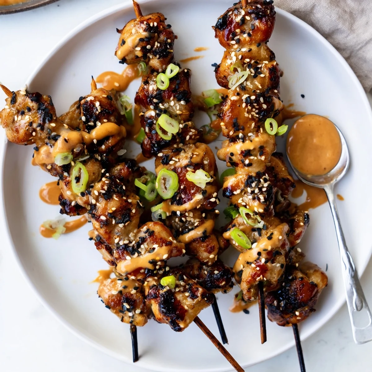 Charred Bang Bang Chicken Skewers drizzled with creamy spicy sauce, sesame garnish