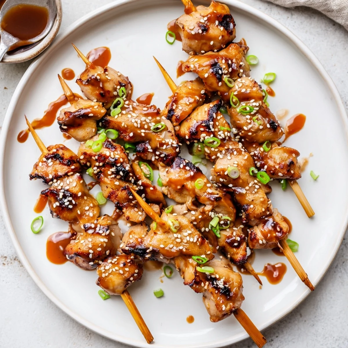 Weeknight-ready Bang Bang Chicken Skewers sizzling on grill, honey-Sriracha glaze