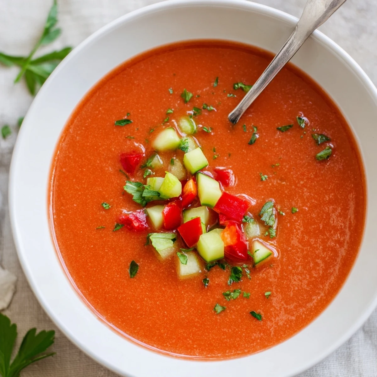 Chilled tomato gazpacho served in white bowls topped with colorful diced vegetables and fresh green herbs.