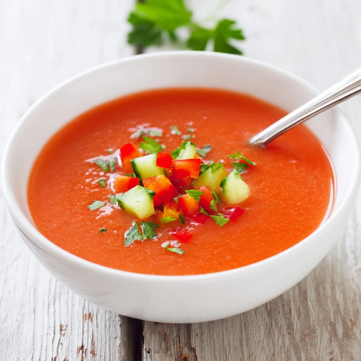 Smooth blended chilled tomato gazpacho featuring ripe summer vegetables and parsley in rustic ceramic serving bowls.