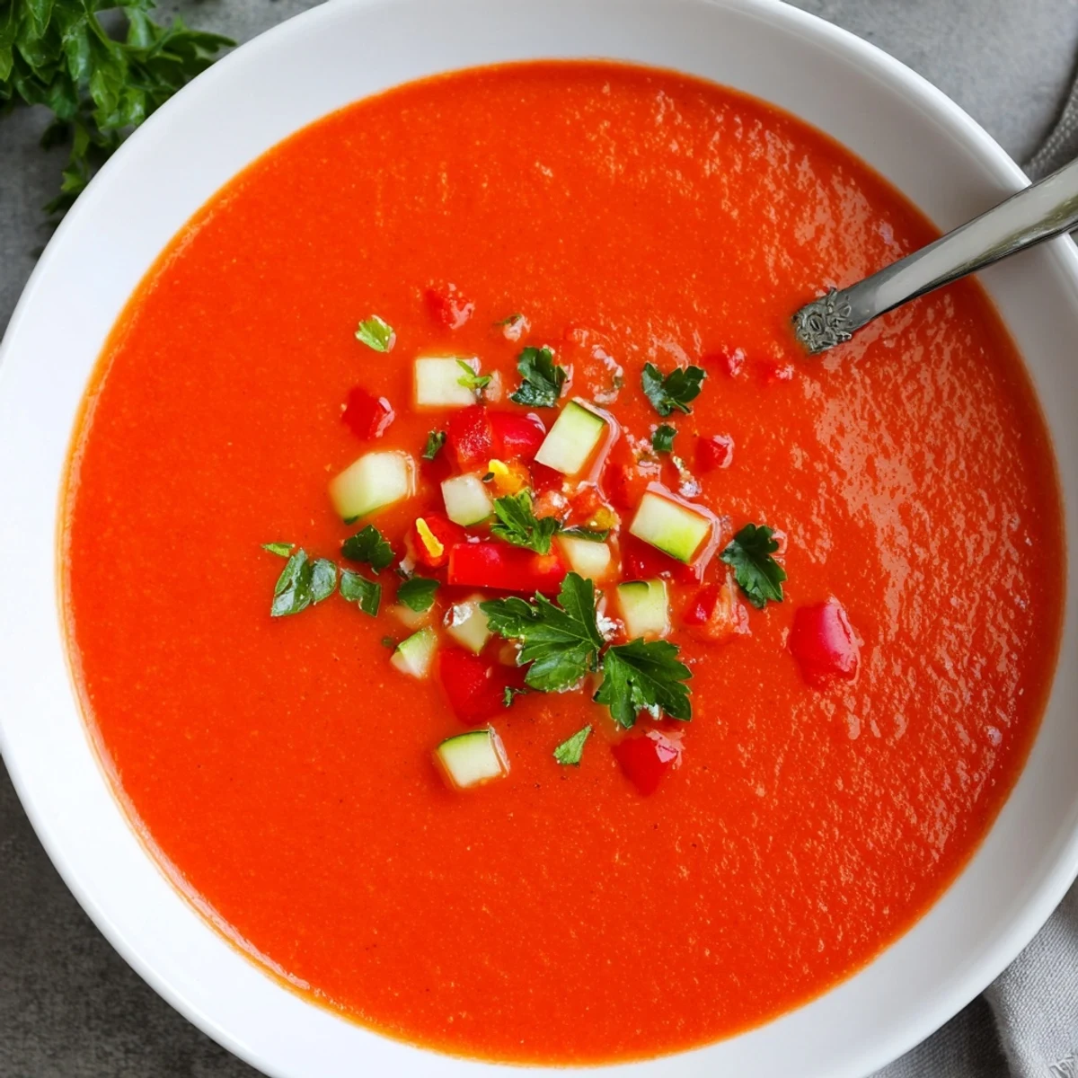 Vibrant red chilled tomato gazpacho poured into glasses with crisp cucumber garnish and olive oil drizzle.