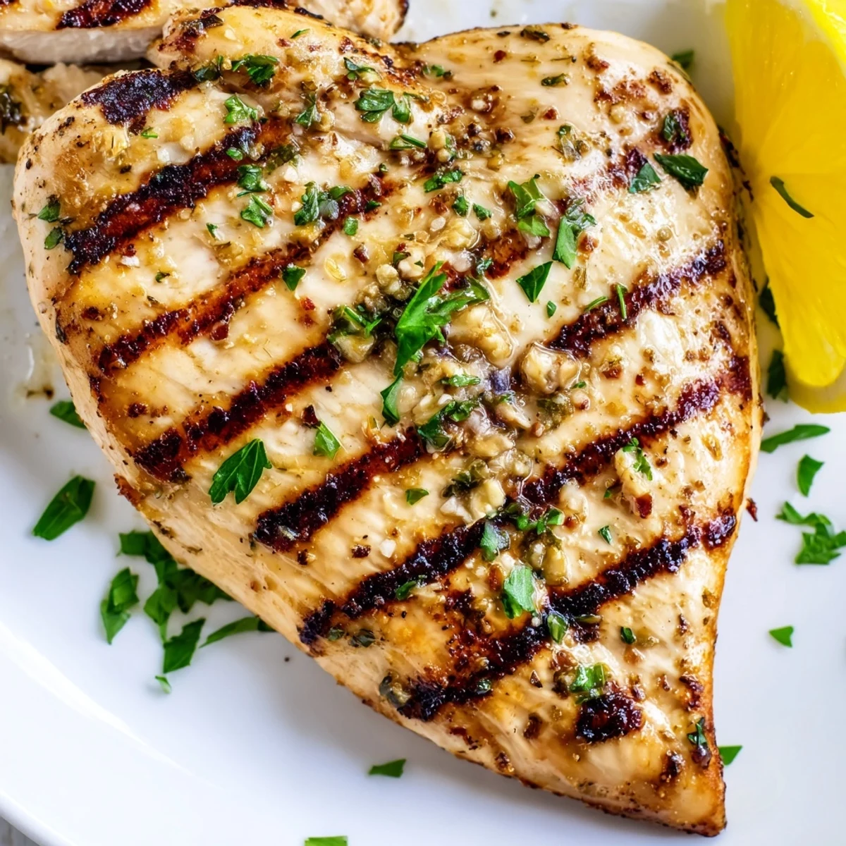 Golden herb-marinated grilled chicken breasts with beautiful char marks resting on a white plate