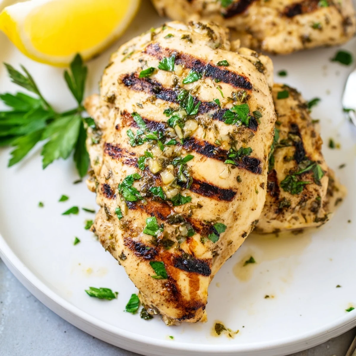 Juicy grilled chicken with lemon and garlic garnish, fresh off the outdoor barbecue grill