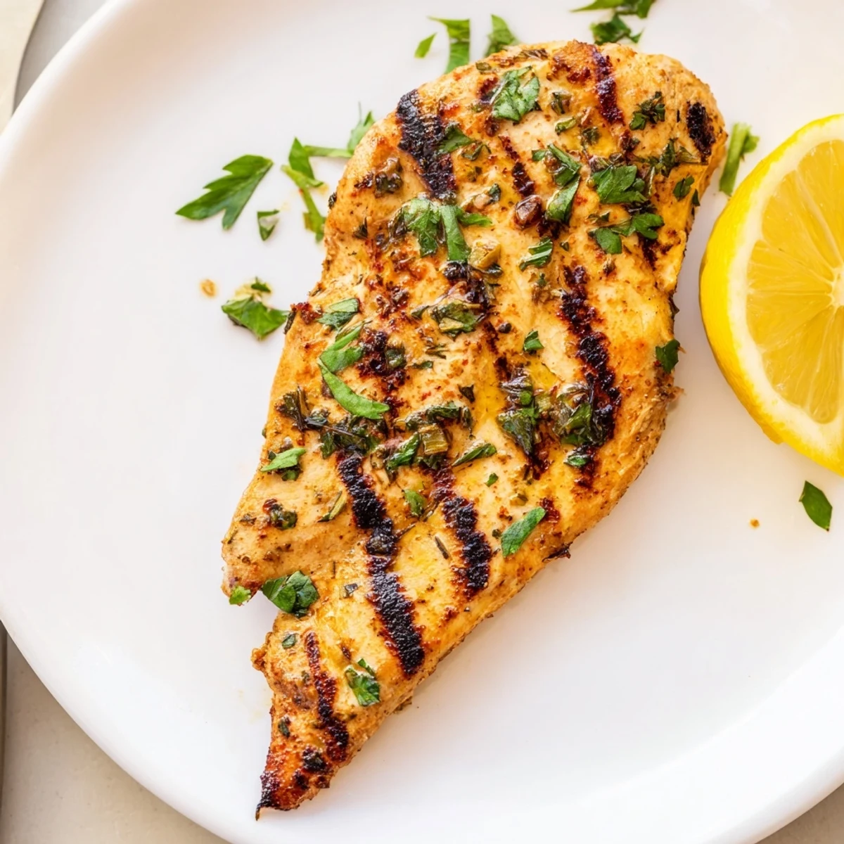 Perfectly cooked grilled chicken breasts seasoned with paprika and oregano, garnished with parsley