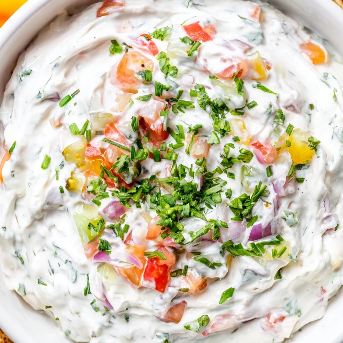 Creamy Grillos pickle de gallo ranch dip served in a white bowl with colorful fresh pico de gallo topping and tortilla chips arranged for dipping
