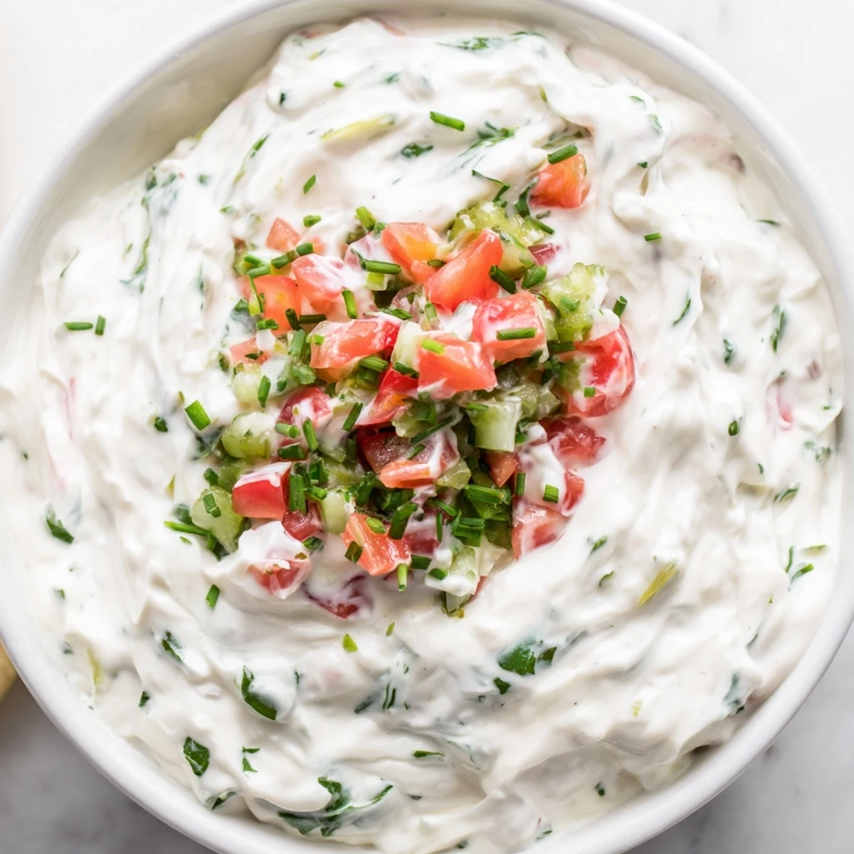 Thick white Grillos pickle de gallo ranch dip loaded with chopped pickles, fresh herbs, and vibrant vegetables, perfect for party entertaining