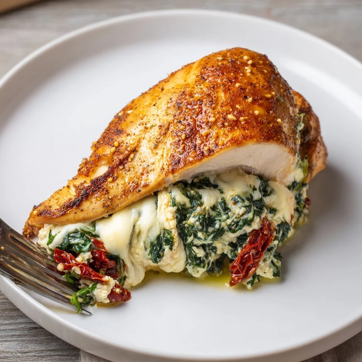 Cheesy Spinach Stuffed Chicken Sun Dried Tomato Flavor, golden-seared and oozing mozzarella