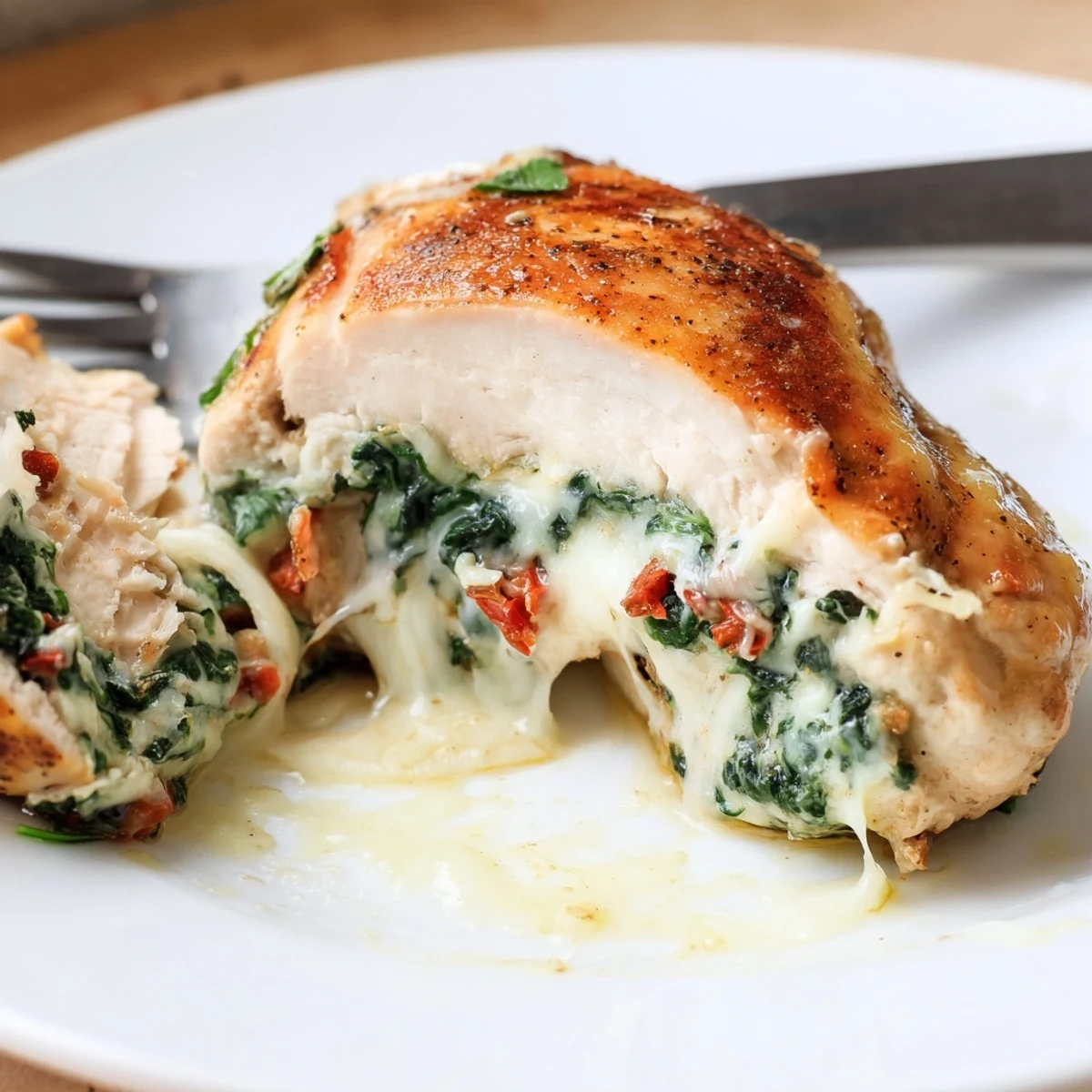 Plated Cheesy Spinach Stuffed Chicken Sun Dried Tomato Flavor beside lemony roasted potatoes