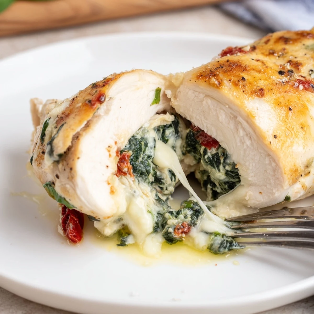 Oven-baked Cheesy Spinach Stuffed Chicken Sun Dried Tomato Flavor, garnished with fresh basil