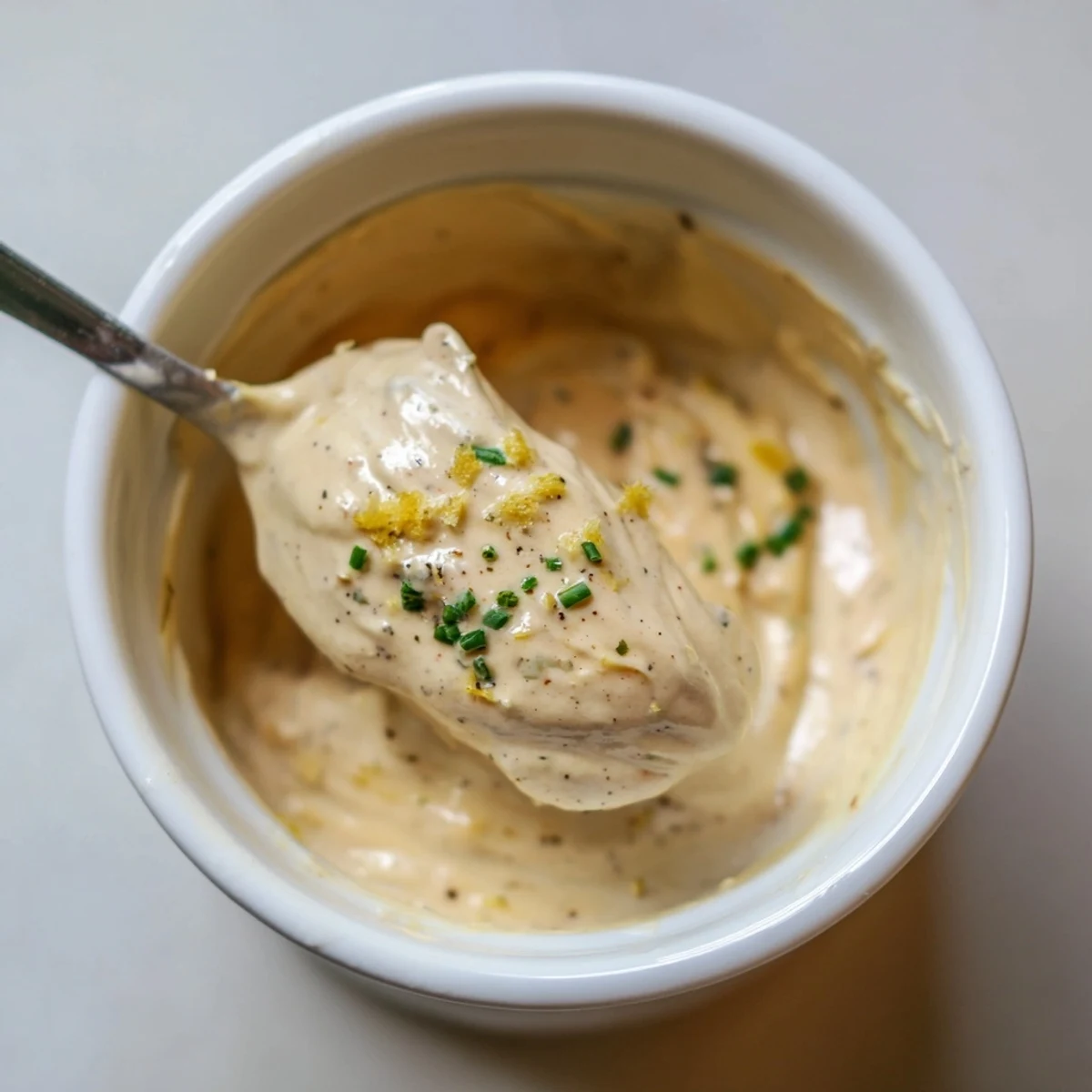 Glossy Creamy Tangy Sauce drizzled over grilled salmon with herb flecks