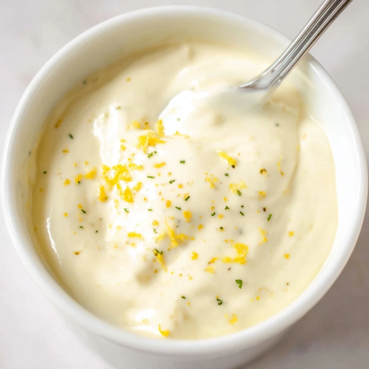 A bowl of Creamy Tangy Sauce, velvety lemony dip for roasted vegetables