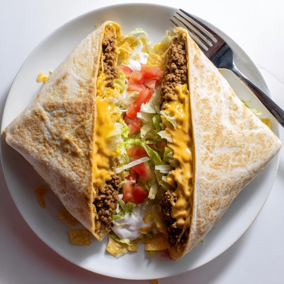 A close view of Ultimate Cheesy Beef Crunch Wraps with crispy chips, sour cream.
