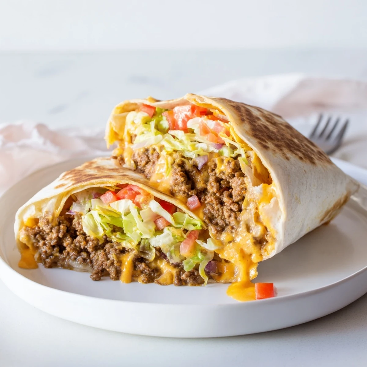 Ultimate Cheesy Beef Crunch Wraps sliced, gooey cheddar oozing, toasted golden, served hot.