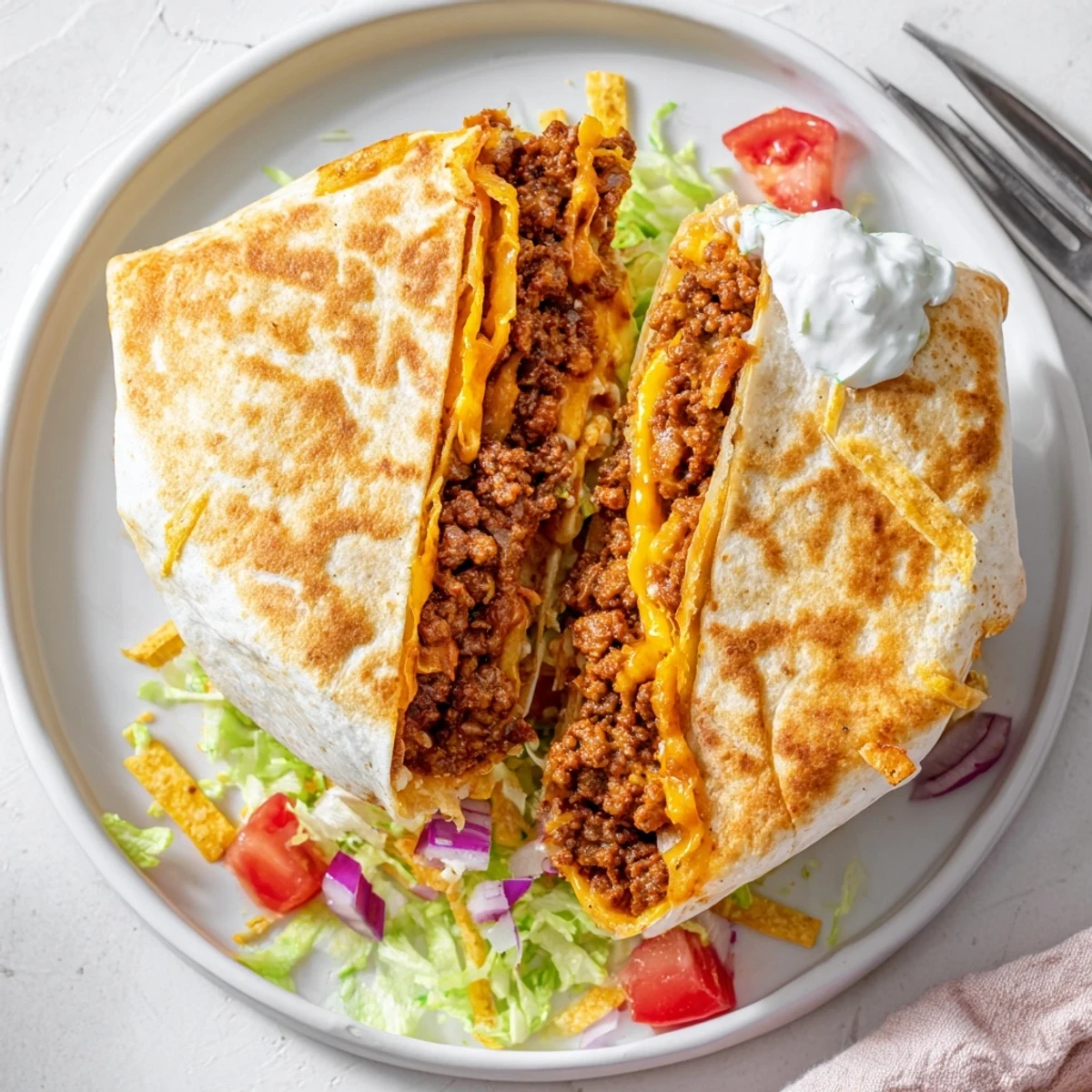 Plate of Ultimate Cheesy Beef Crunch Wraps, seasoned beef, fresh tomato, crunchy tostada.