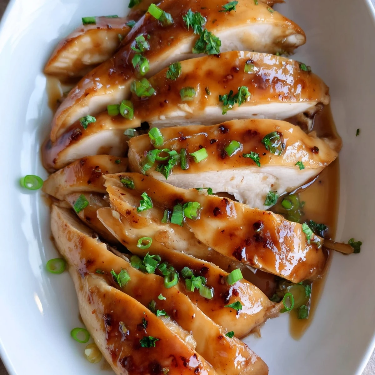 Close-up of Slow Cooker Brown Sugar Garlic Chicken, tender shredded, glossy brown glaze