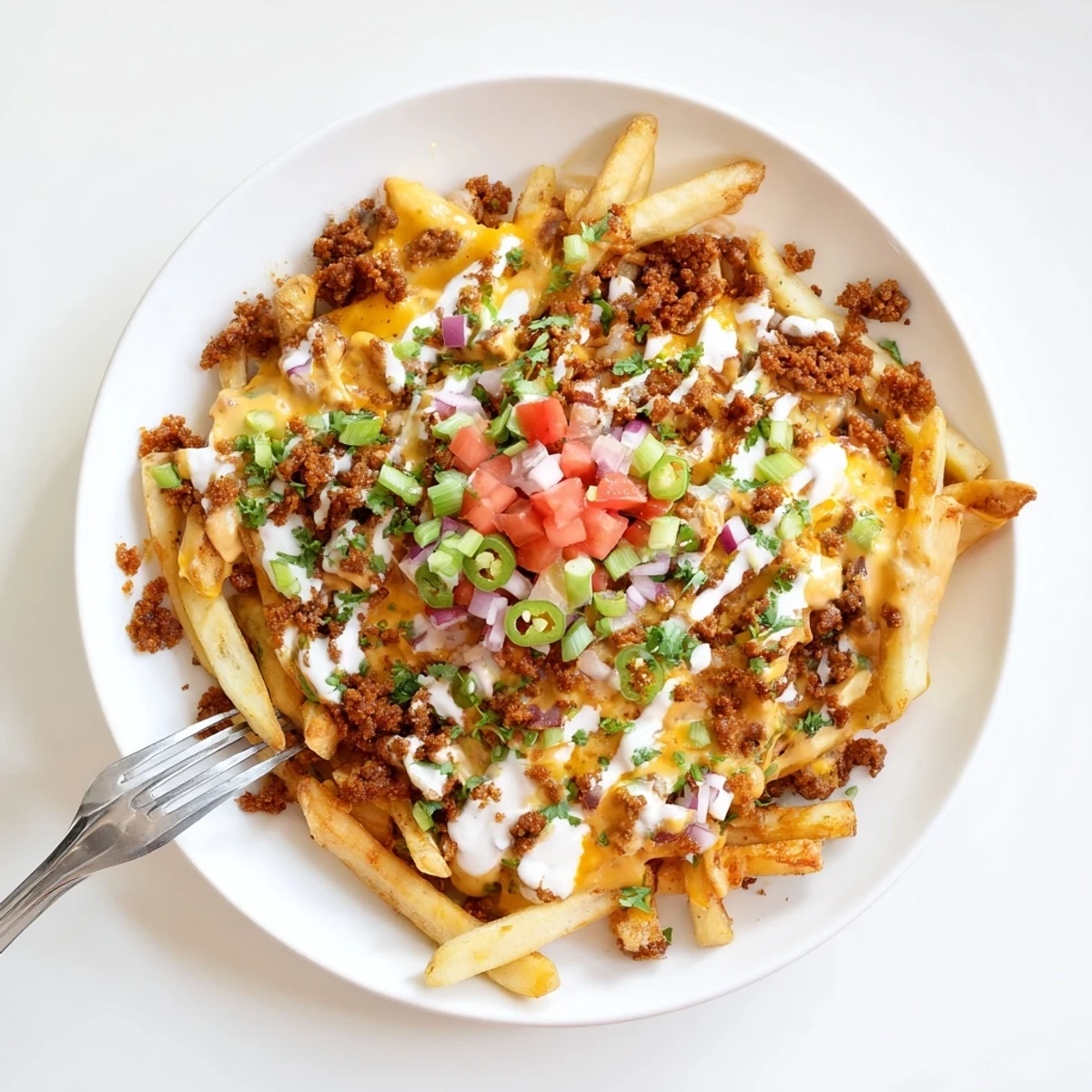 Chorizo Queso Dip Fries piled hot on platter, gooey cheese and sizzling chorizo.