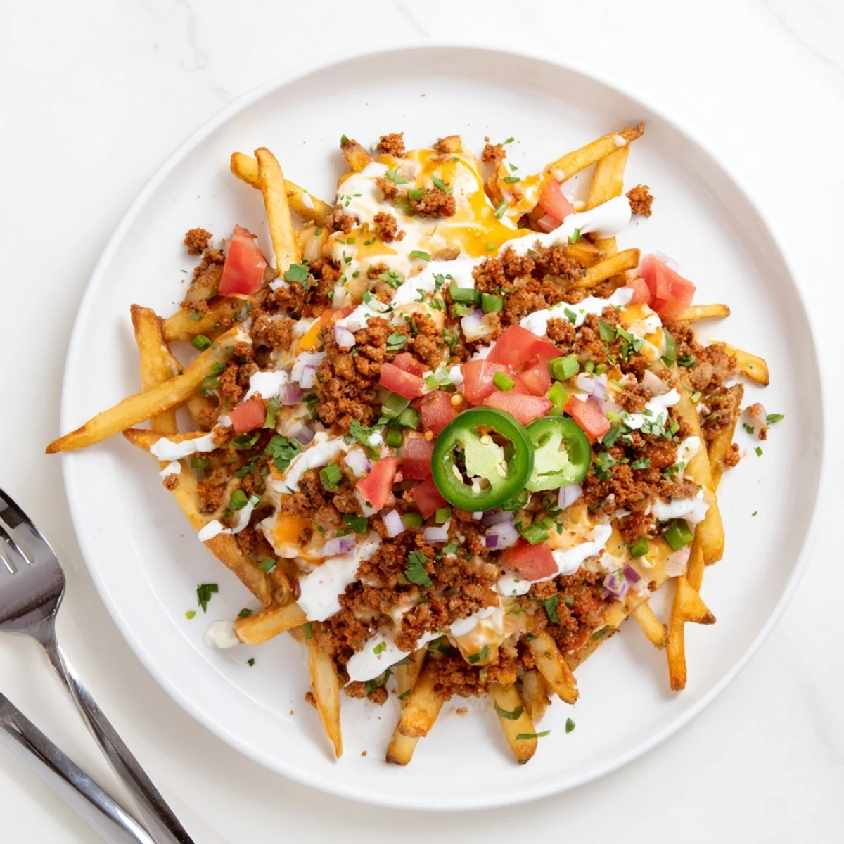 Crispy Chorizo Queso Dip Fries topped with jalapeño, cilantro, and sour cream.