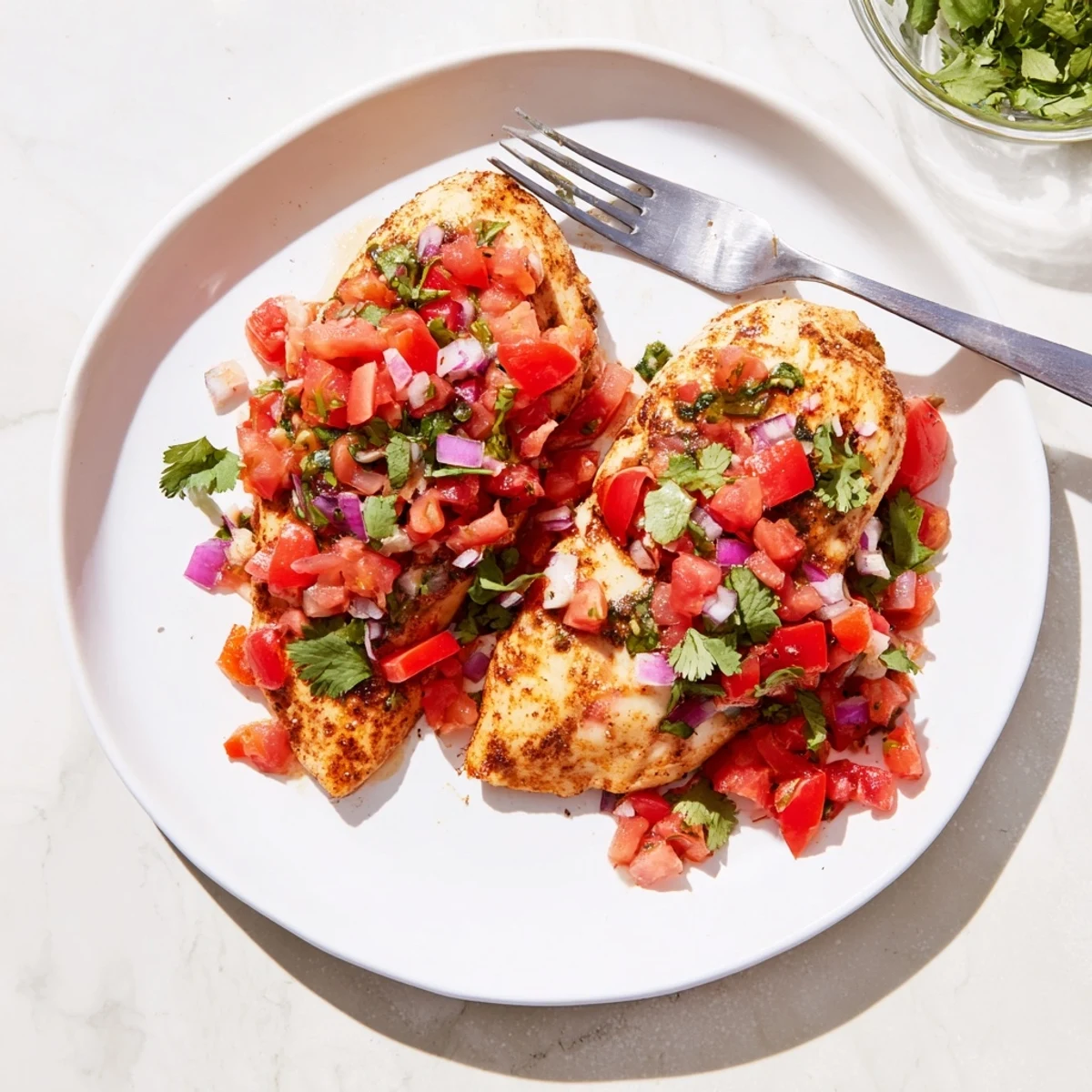 Salsa Fresca Chicken Bake with bubbly melted cheese, bright tomato-lime topping