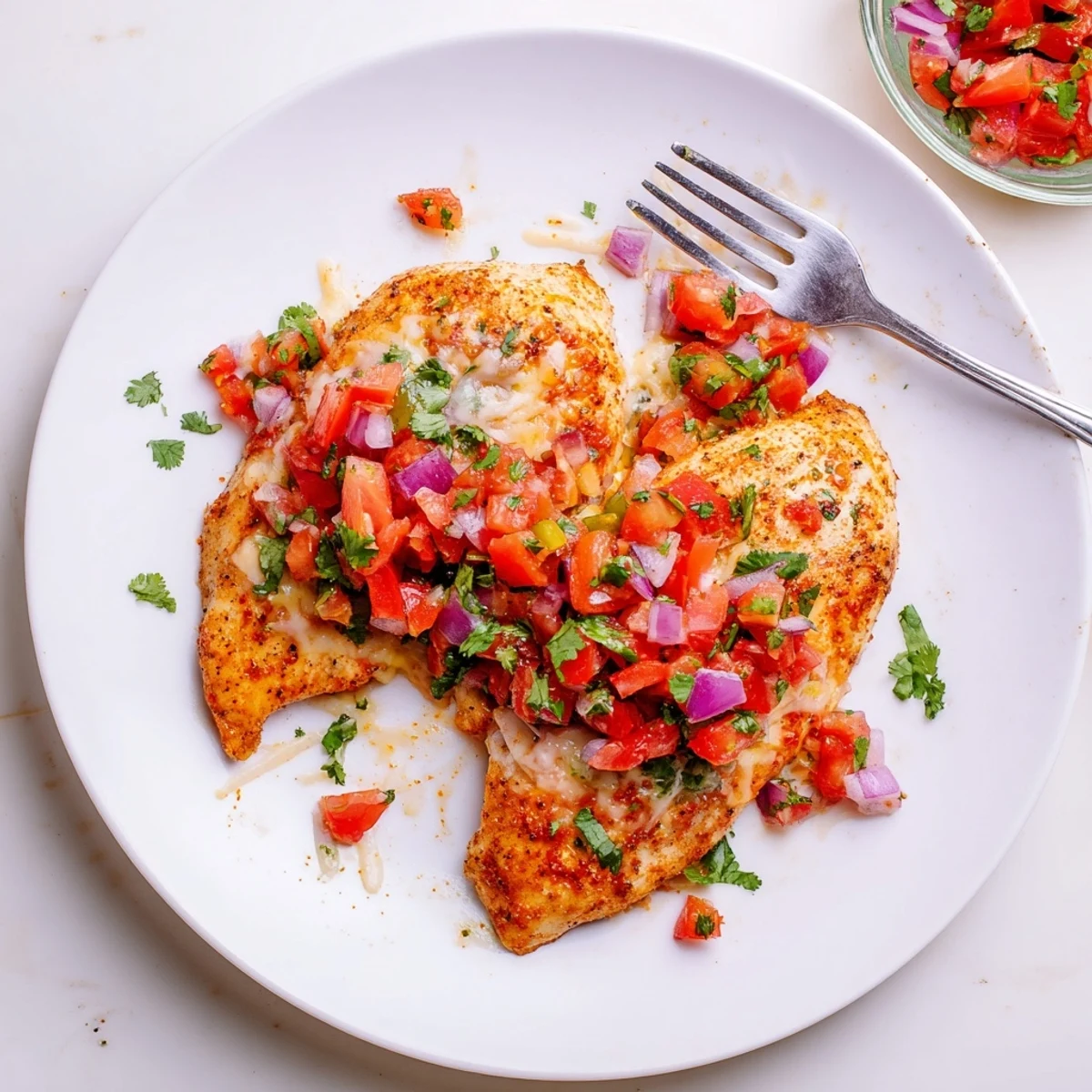 Steaming Salsa Fresca Chicken Bake resting five minutes, cilantro garnish visible