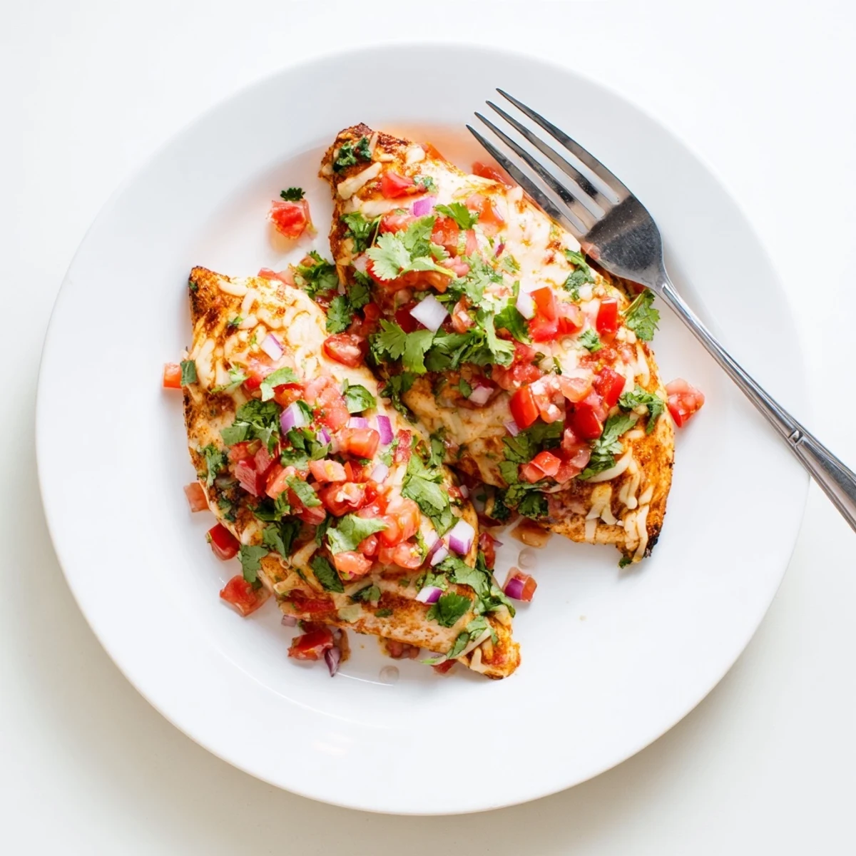 Salsa Fresca Chicken Bake served over rice, juicy chicken under golden cheese