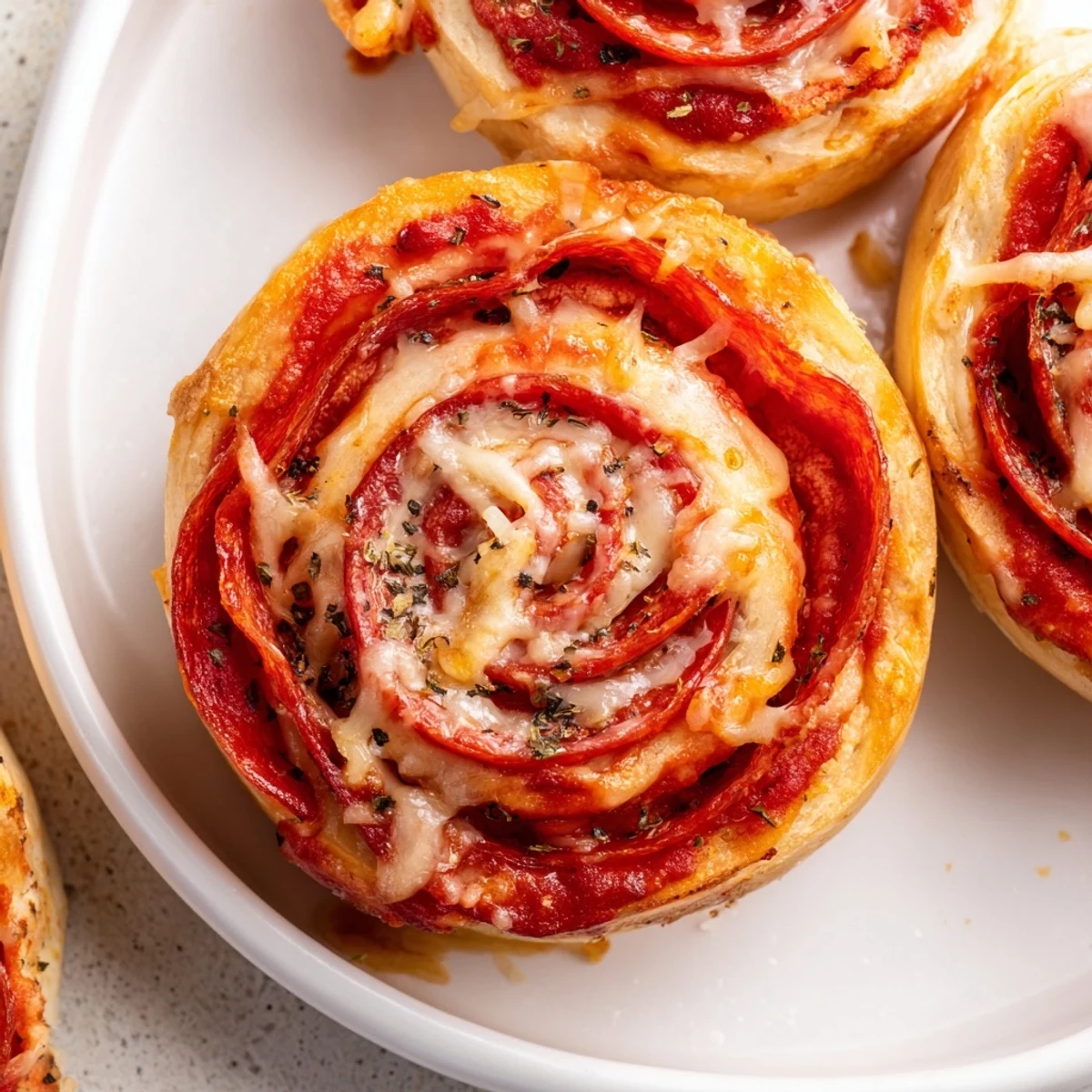 Gluten Free Pizza Rolls Snack with golden spirals, bubbling cheese, served warm