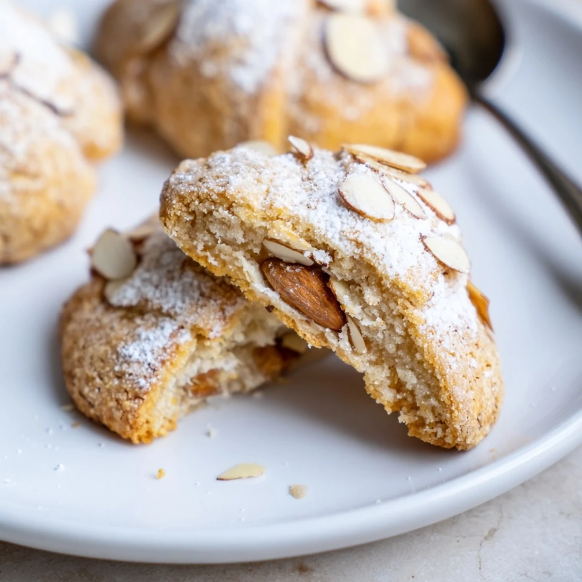 Warm Almond Croissant Cookies releasing buttery aroma, topped with crunchy sliced almonds