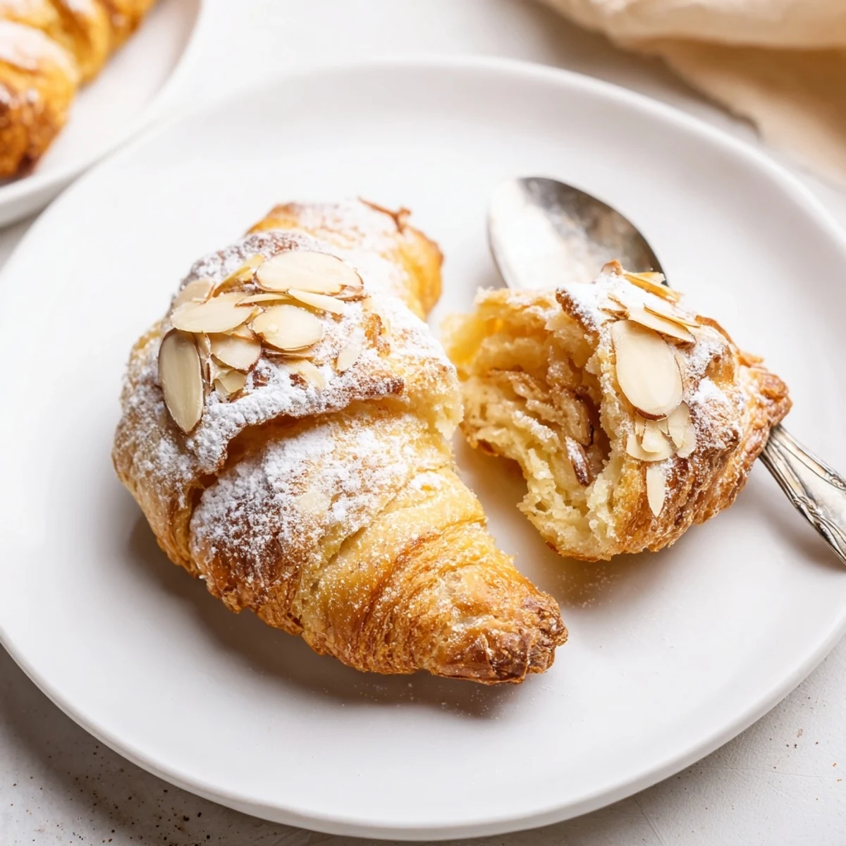 Golden Almond Croissant Cookies dusted with powdered sugar, served beside coffee