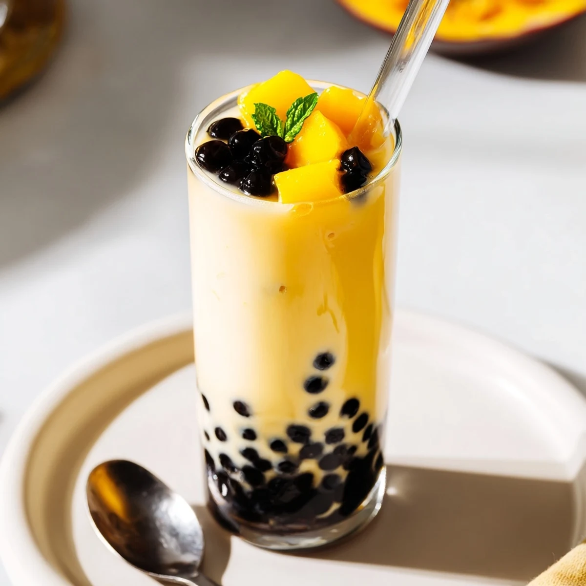 Creamy Mango Milk Boba Tea with glossy tapioca pearls over crushed ice