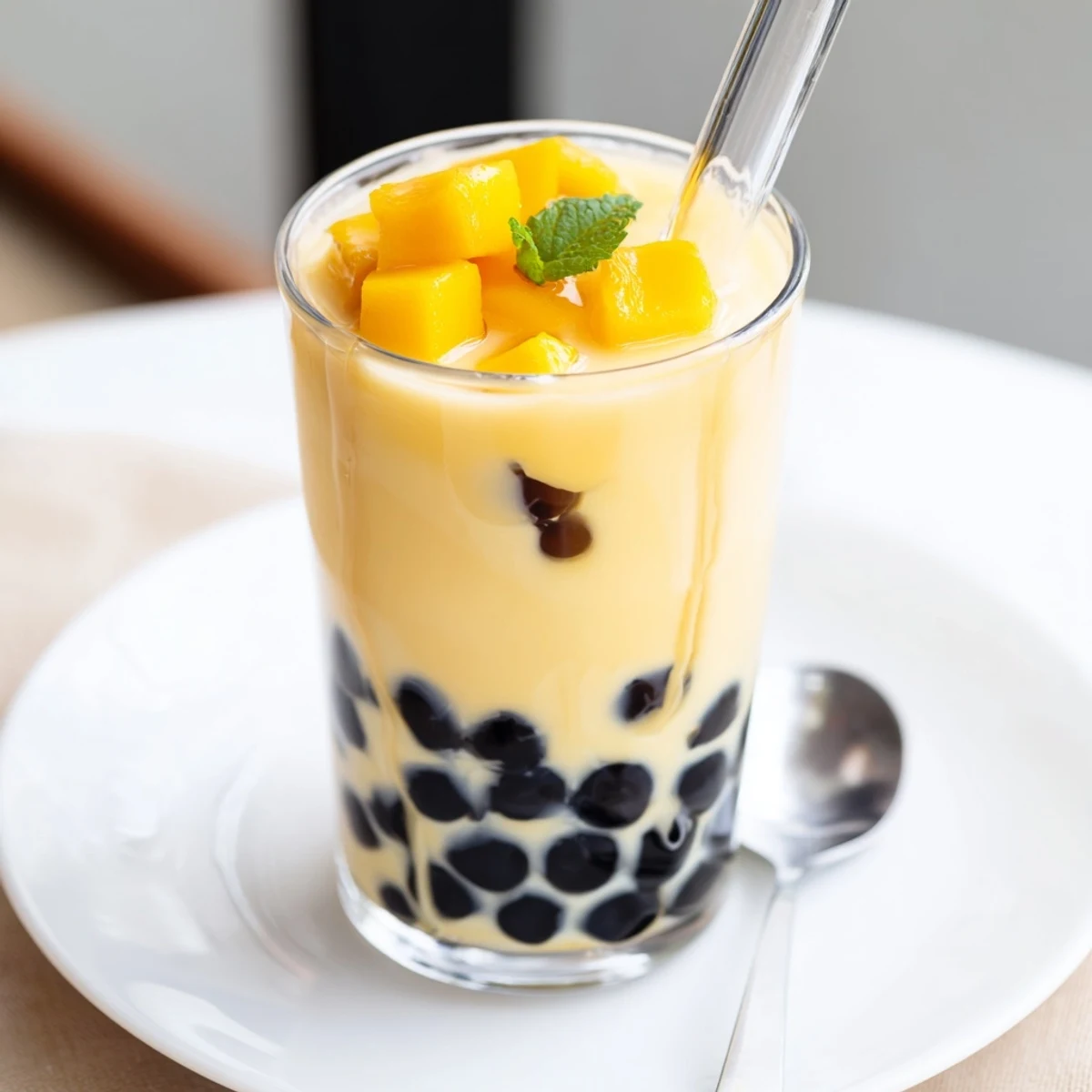 Icy Mango Milk Boba Tea topped with mango cubes and chewy black pearls