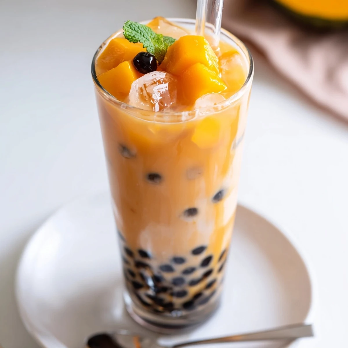 Refreshing Mango Milk Boba Tea poured into tall glass with wide straw