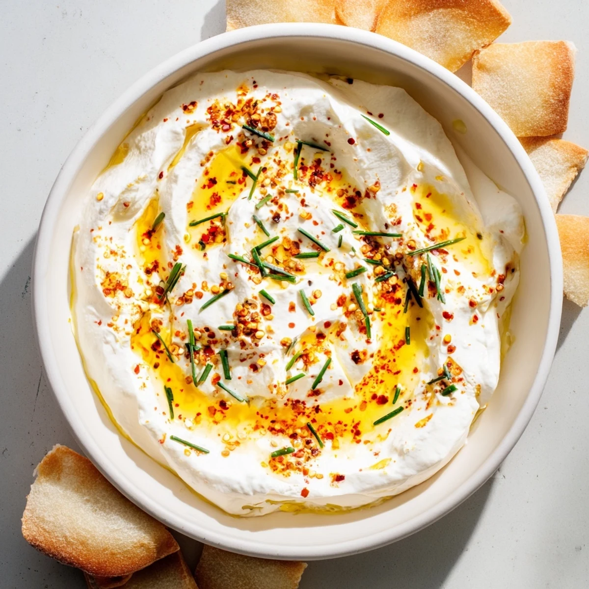 Creamy whipped feta dip topped with golden drizzles of spicy hot honey