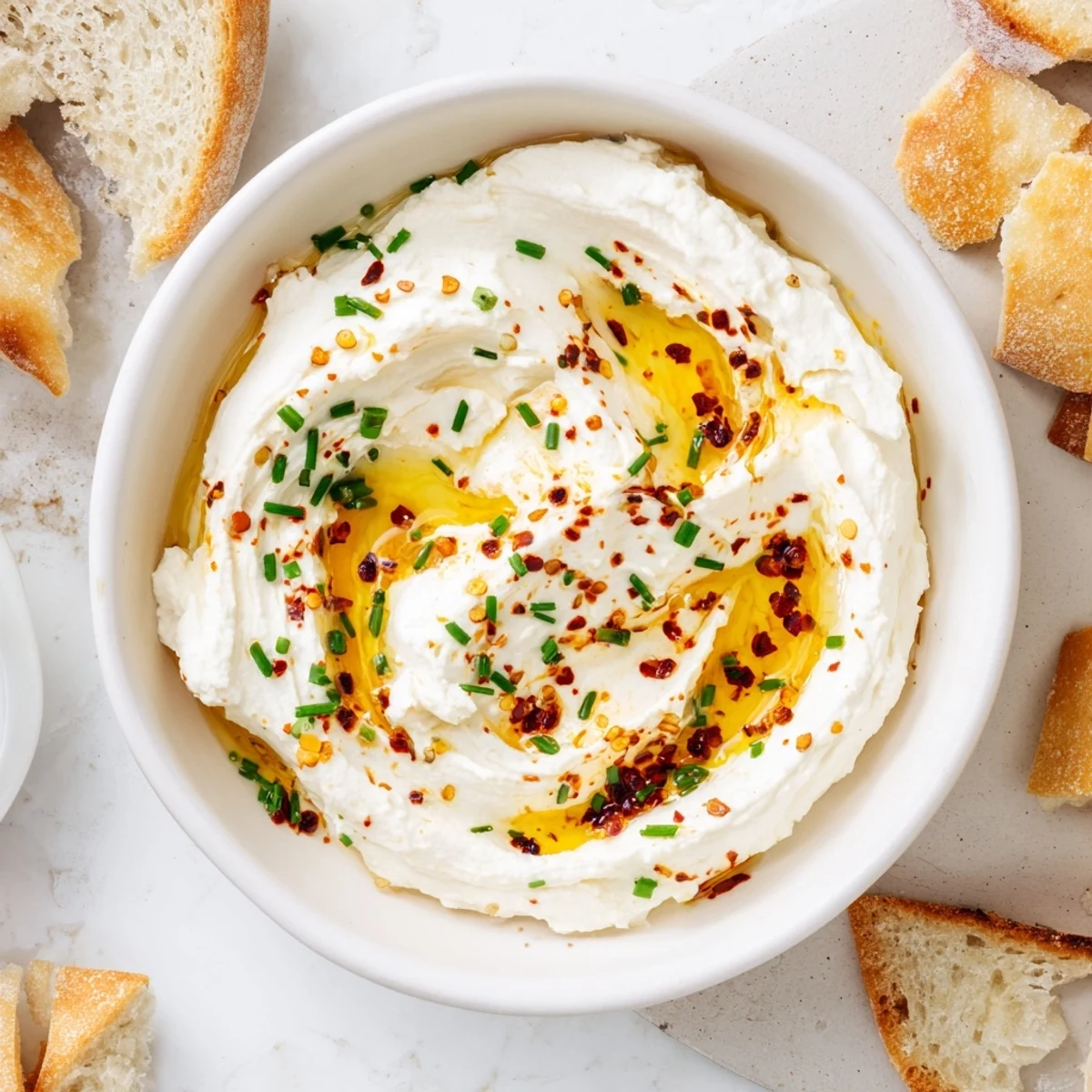 Smooth Mediterranean feta spread with red pepper flakes and fresh herb garnish