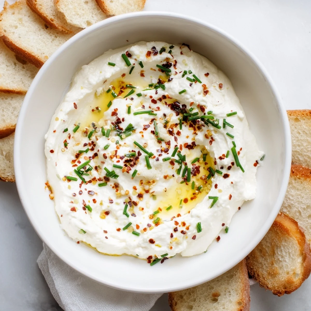 Tangy whipped feta bowl served with crusty bread and sweet honey glaze