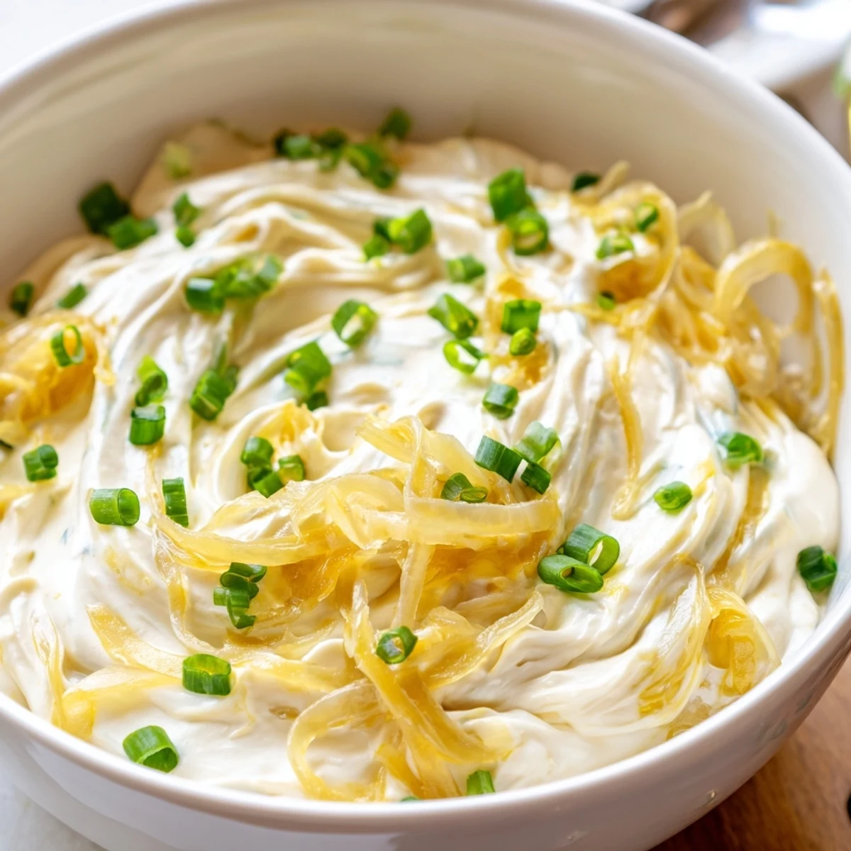 Smooth and savory French onion dip made with sour cream and mayonnaise, piled high with sweet caramelized onions and served with chips for party entertaining