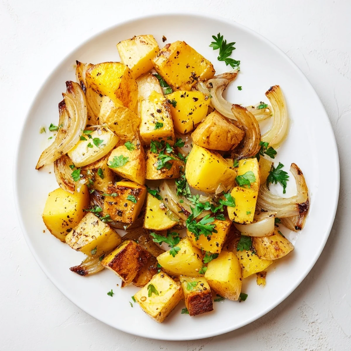 Golden roasted potatoes and onions scattered on a white baking sheet with fresh parsley garnish