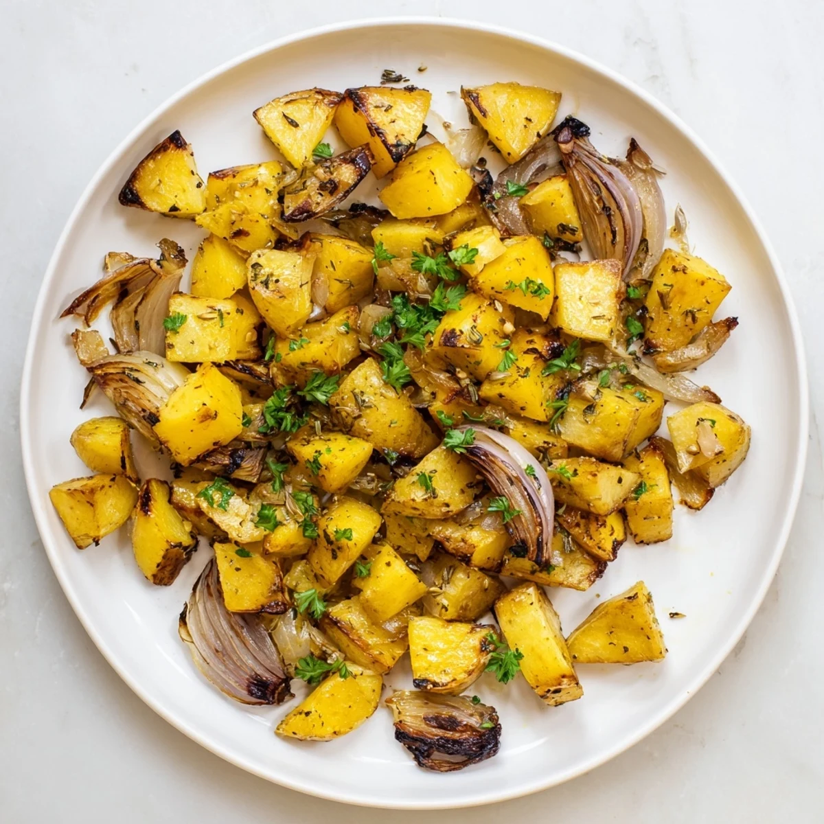 Crispy caramelized roasted potatoes and onions arranged beautifully on a rustic wooden serving platter