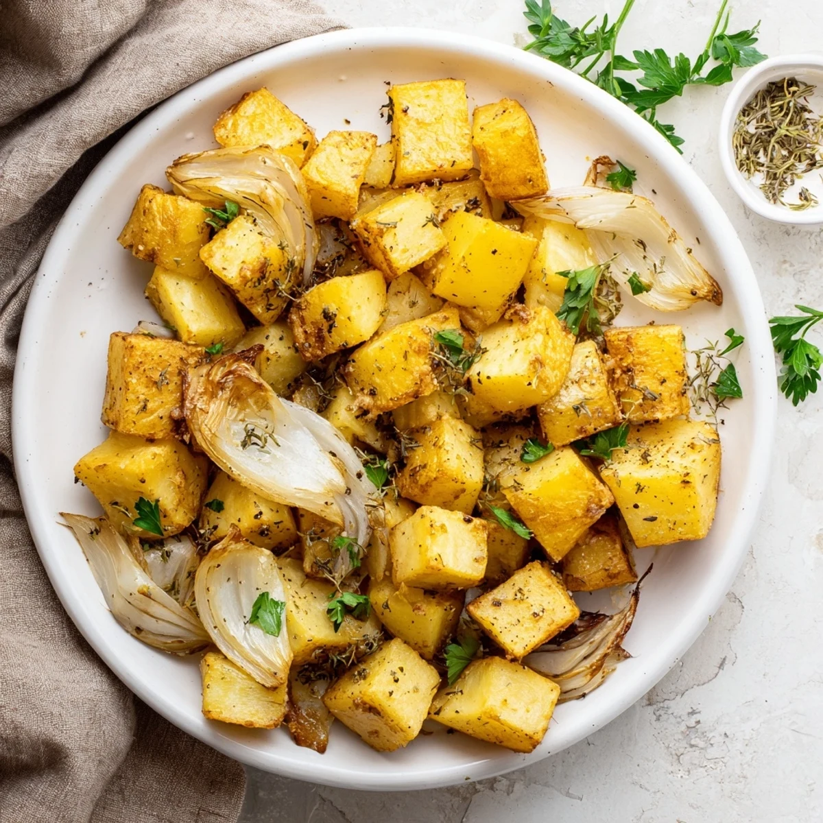 Close-up of tender roasted potatoes and sweet onions drizzled with olive oil and dried herbs