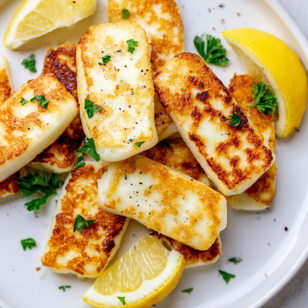 Golden pan fried halloumi slices topped with fresh lemon wedges and chopped green parsley on a white serving plate