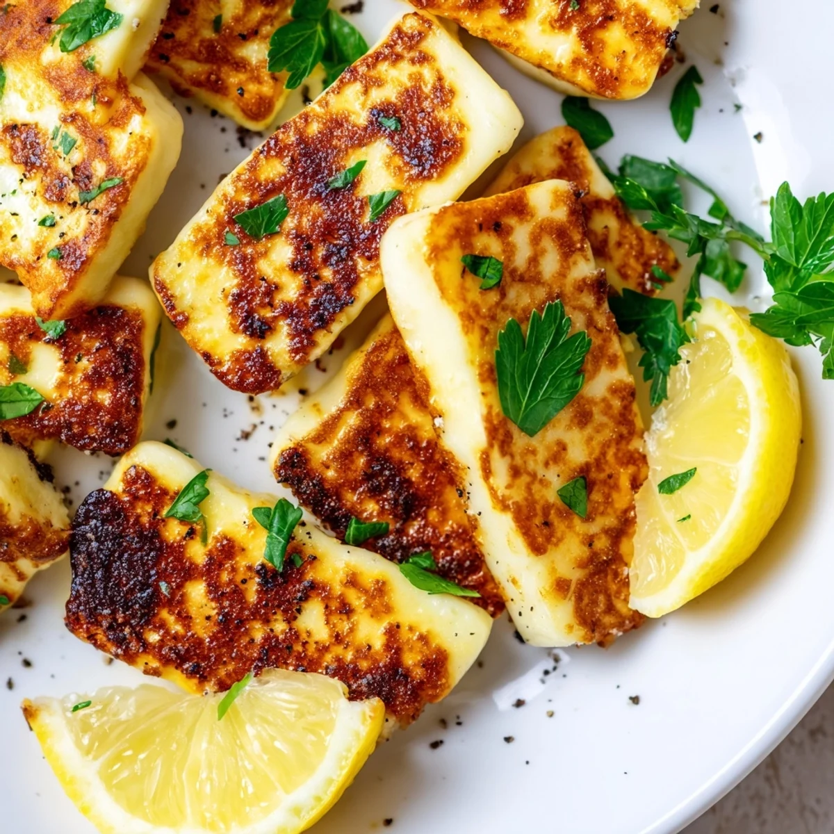 Sizzling halloumi cheese frying in a skillet until golden brown and crispy, ready for Mediterranean appetizer serving