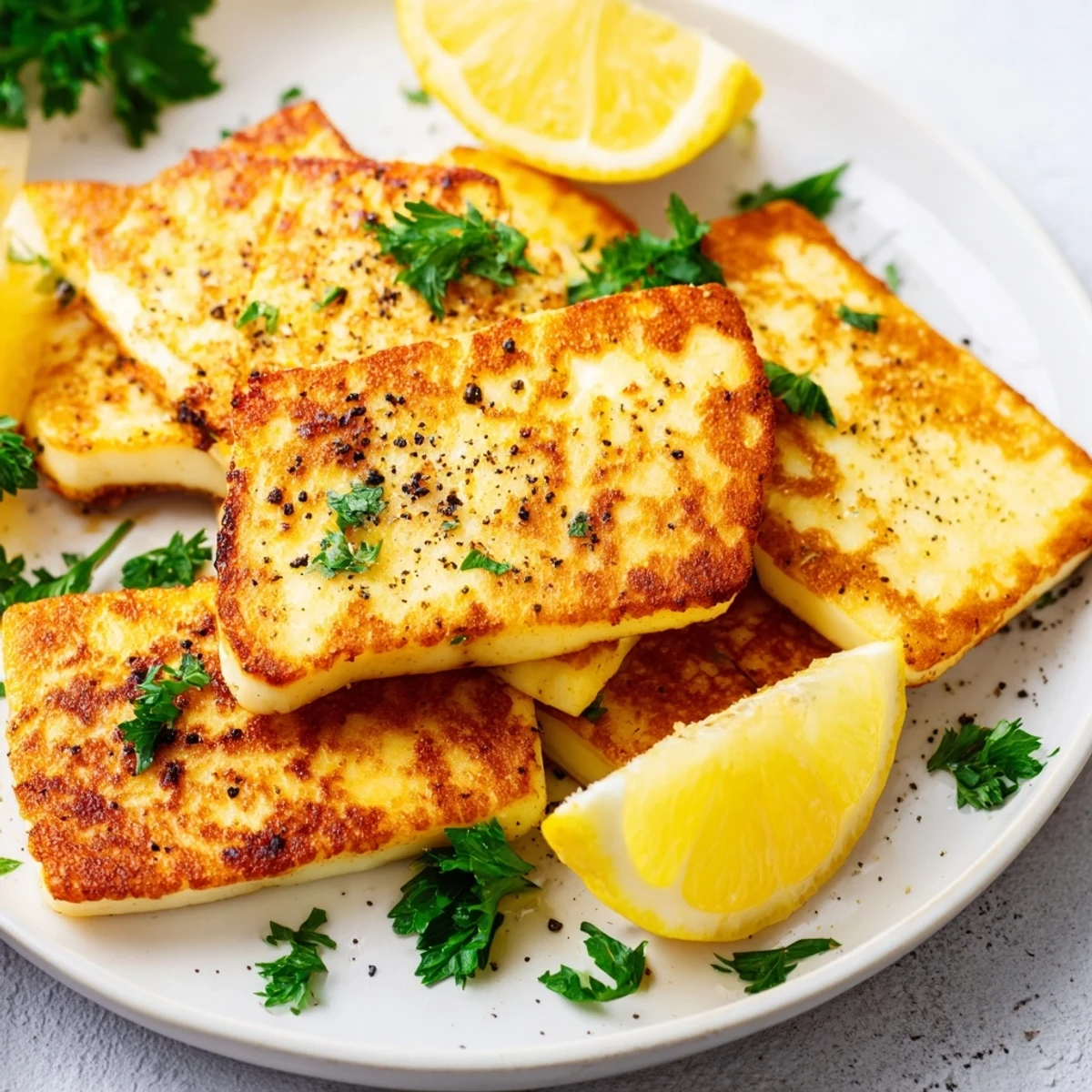 Crispy pan fried halloumi arranged on platter with fresh lemon squeeze, black pepper, and parsley garnish for vegetarian appetizer